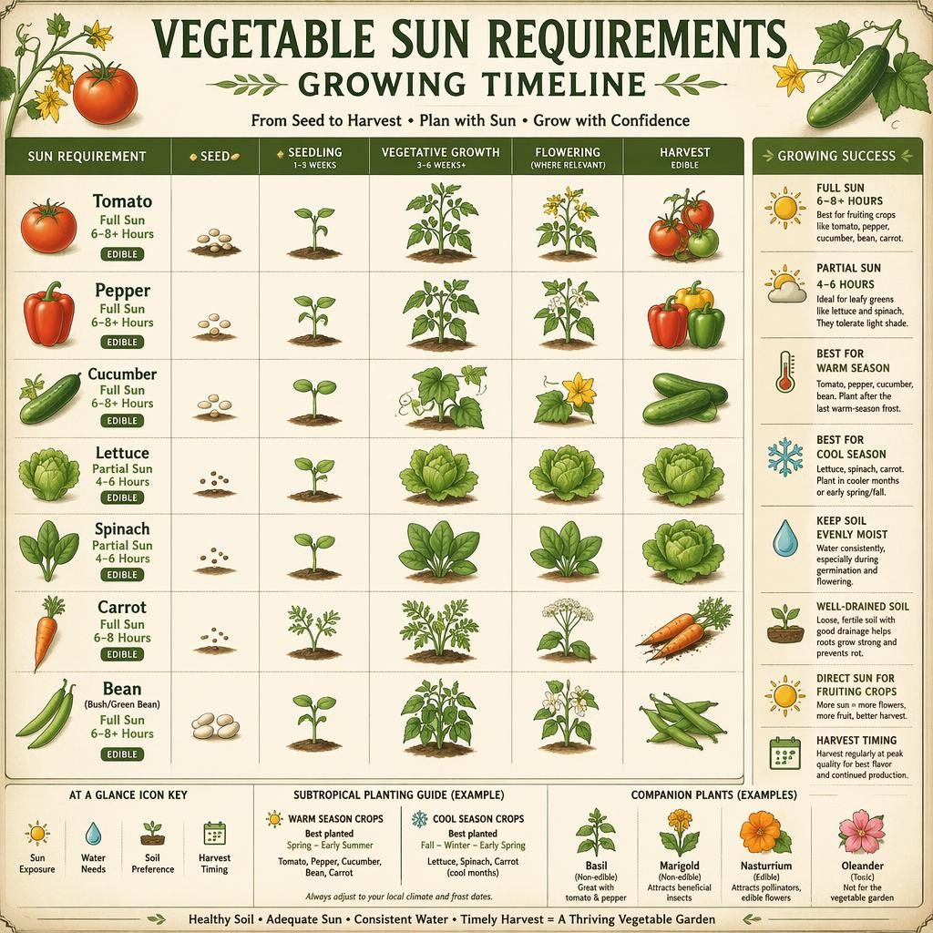 Botanical infographic showing vegetable sun requirements and seed-to-harvest timeline for tomato, pepper, cucumber, lettuce, spinach, carrot, and bean.