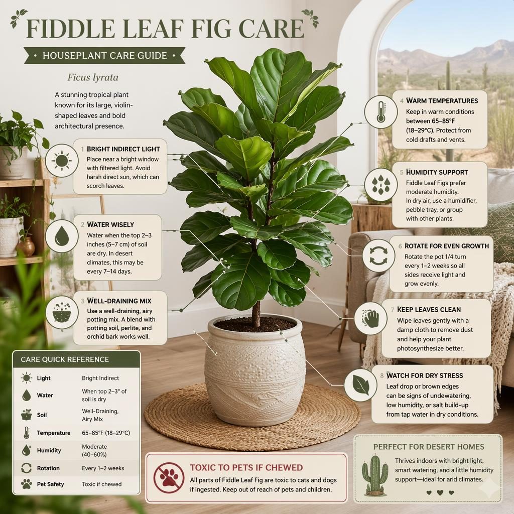 Gardening infographic showing fiddle leaf fig care tips with labeled callouts, care icons, cozy indoor botanical art.