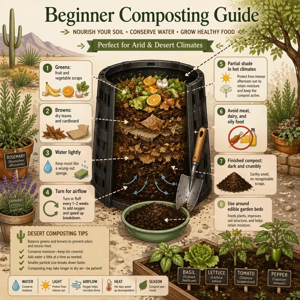 Beginner composting guide infographic with desert-climate bin, scraps, dry leaves, finished compost, herbs, seedlings, and labels.