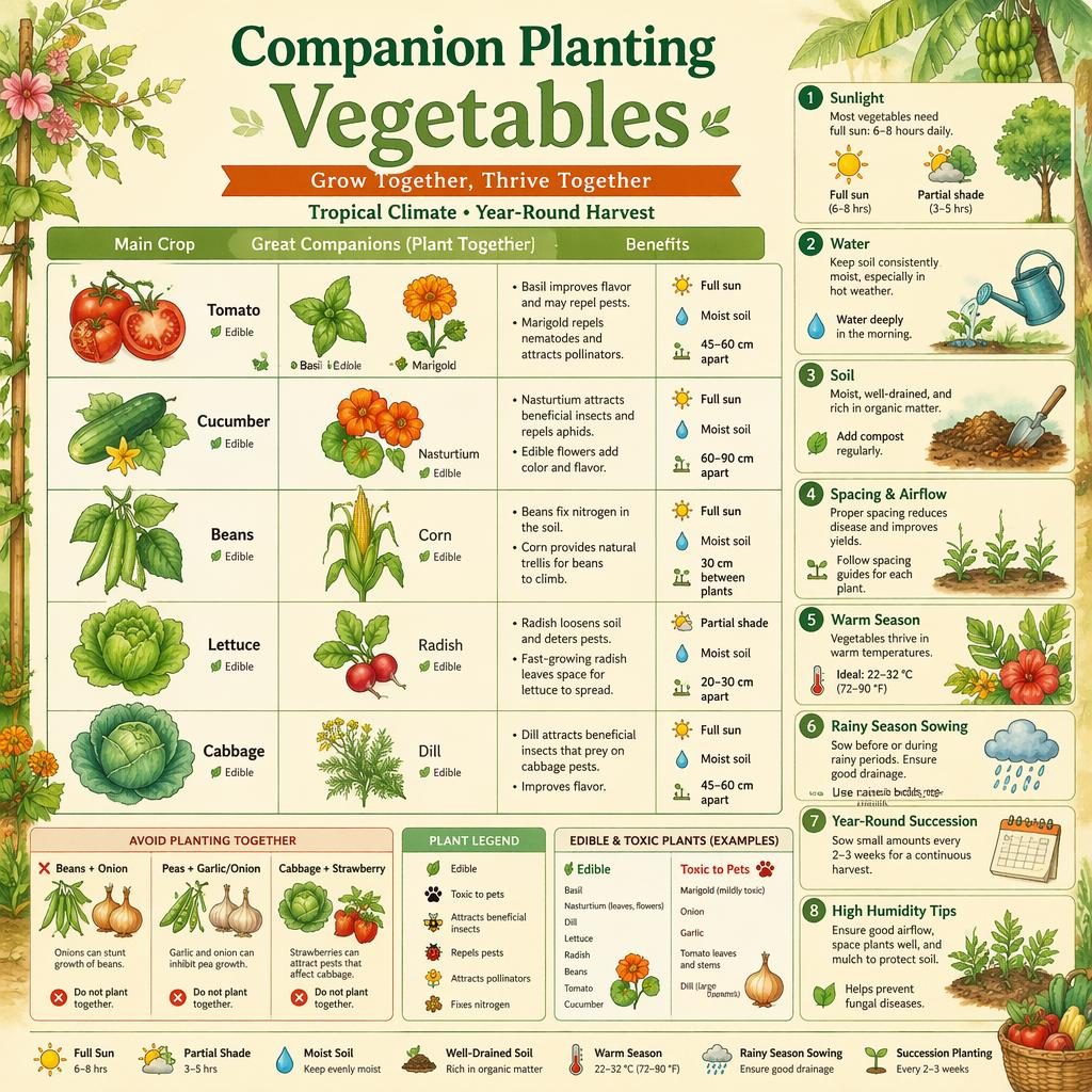 Watercolor gardening infographic grid showing vegetable companions, labels, icons, tropical cues, and avoid-planting notes.