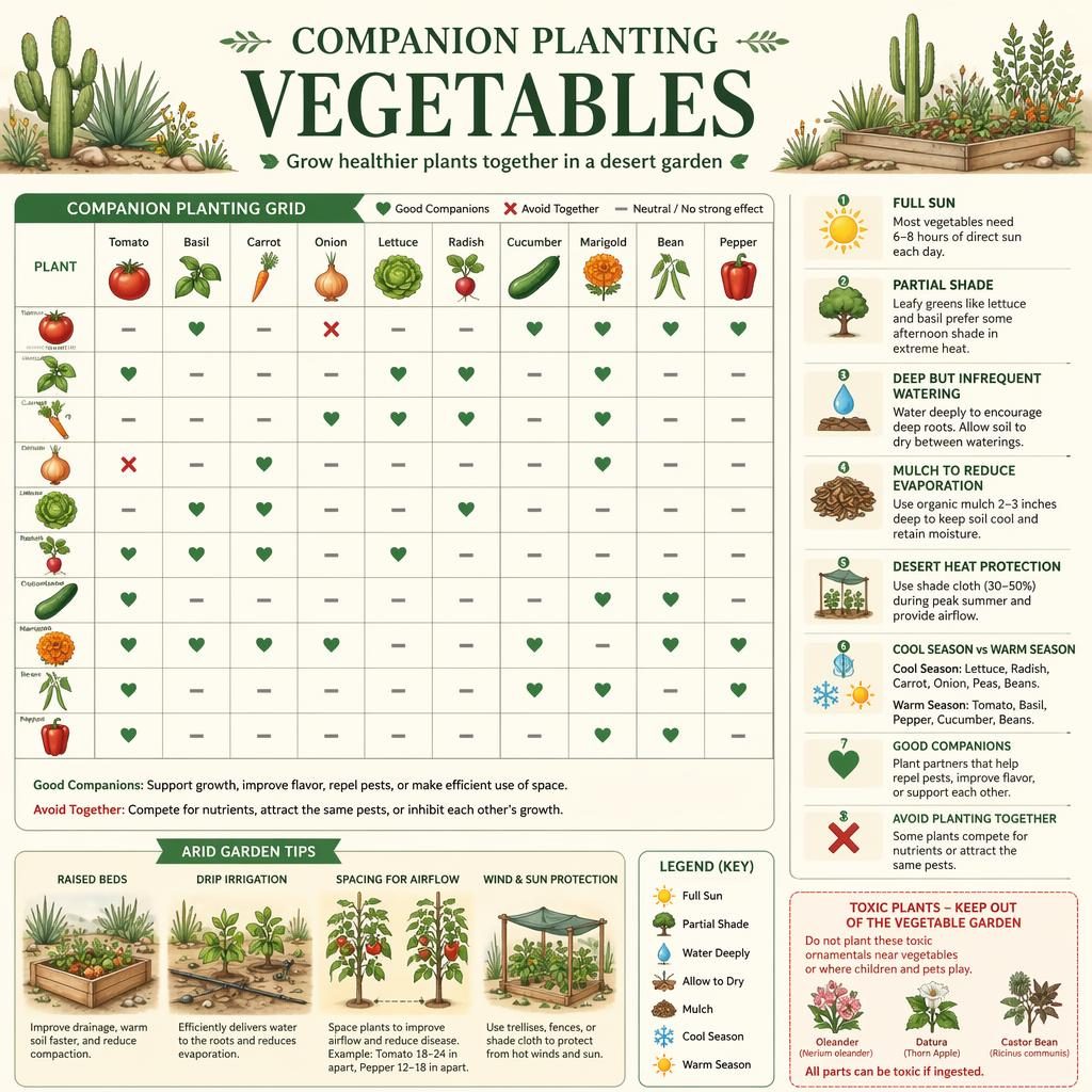 Botanical companion planting grid infographic with vegetables, desert-climate callouts, icons, and labeled pairings.
