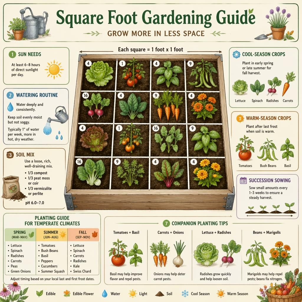 Pastel sketchnote infographic of a square foot garden bed with crop grid, seasonal icons, and labeled plant care callouts.