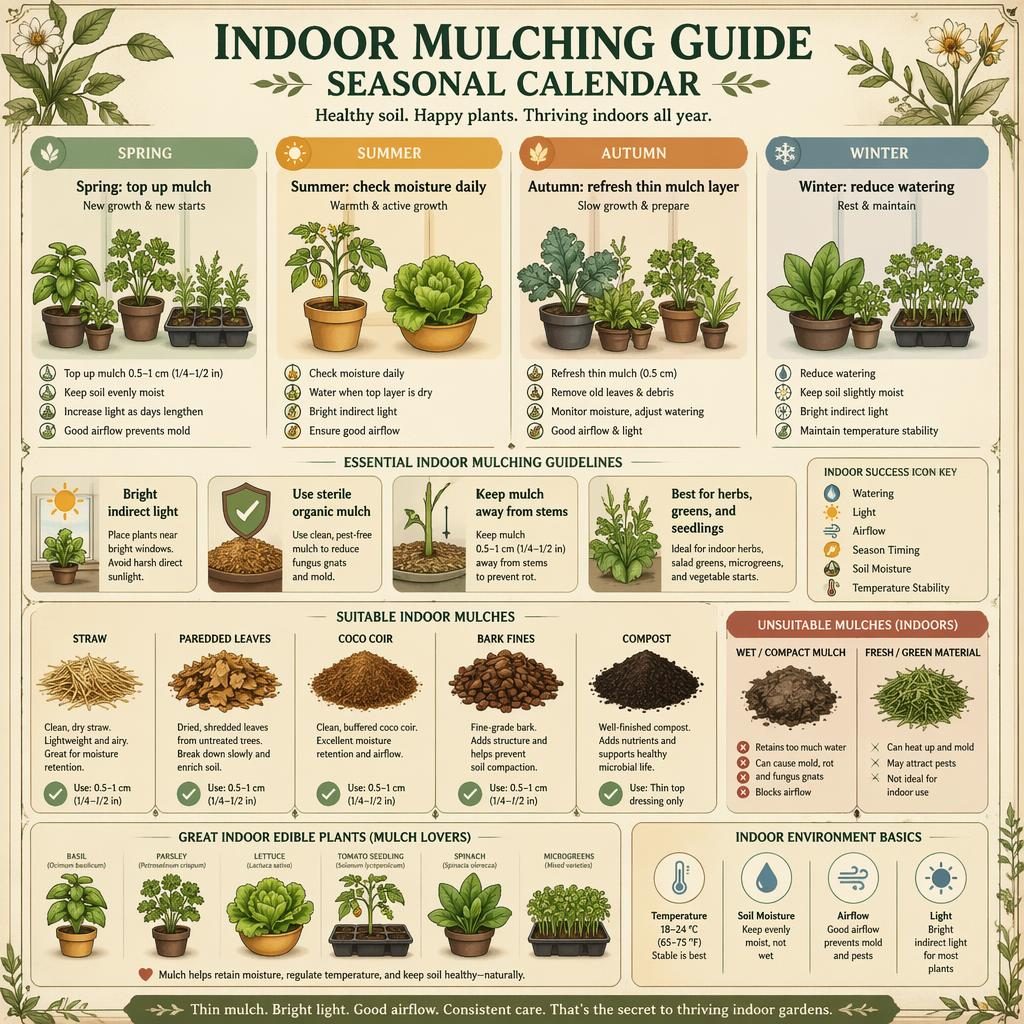 Infografía editorial de 4 estaciones sobre acolchado interior para macetas, semilleros y hierbas, con plantas comestibles e iconos.