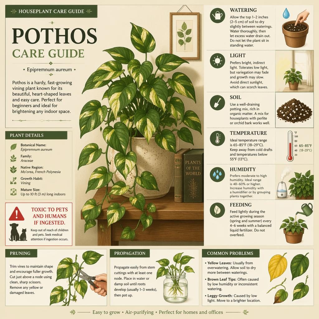 Editorial pothos care guide infographic with 6 callouts, botanical vines, English labels, and toxic safety warning.