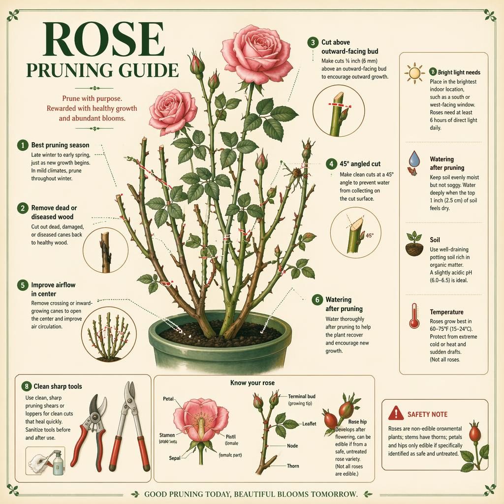 Editorial plant care card infographic showing rose pruning cuts, labeled callouts, care icons, and a safety note in English.