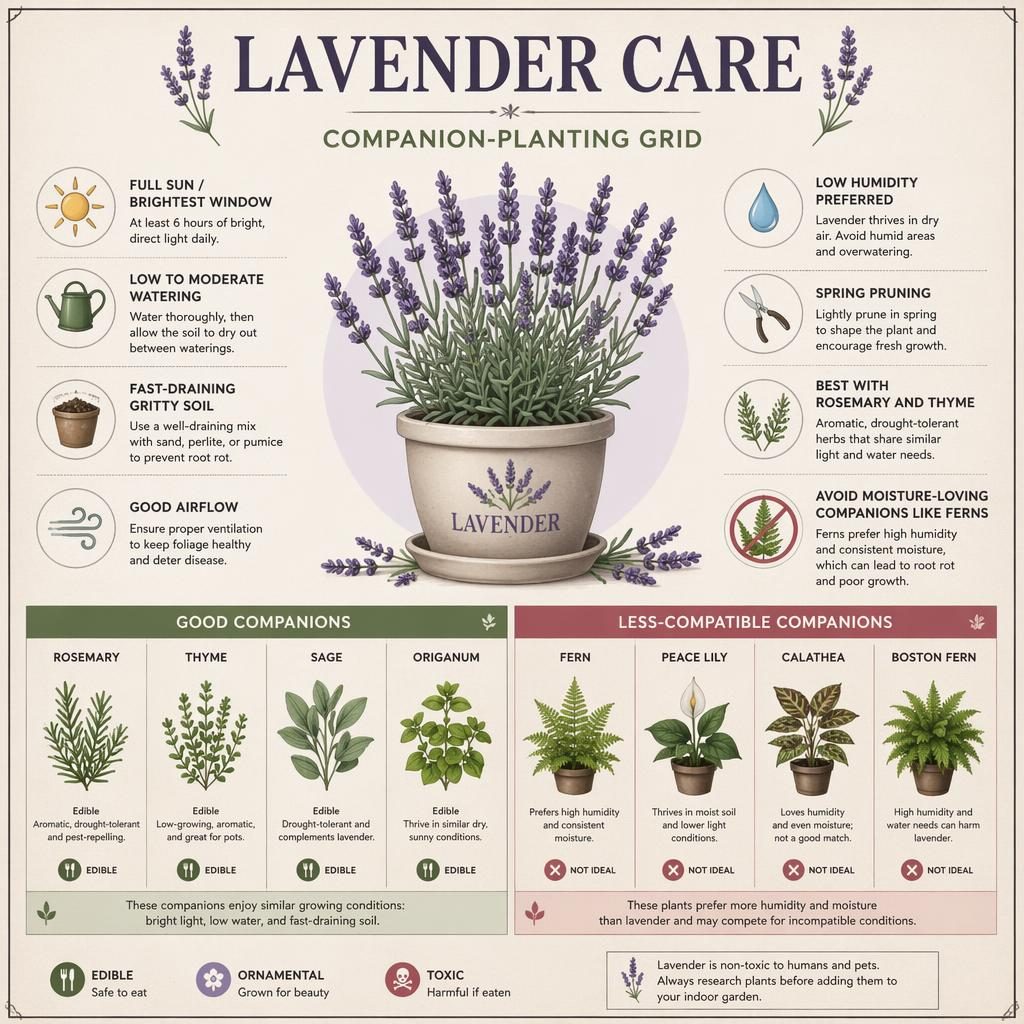 Indoor lavender care infographic with companion planting grid, labeled callouts, rosemary and thyme pairings, and fern warning.