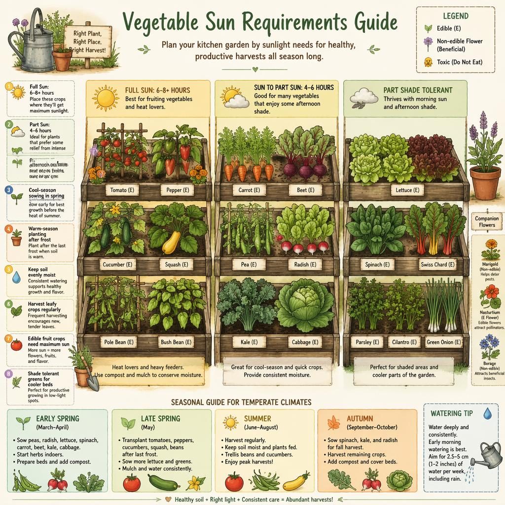 Infographie de potager en grille montrant légumes groupés par plein soleil, mi-soleil et mi-ombre, avec légende et repères saisonniers.