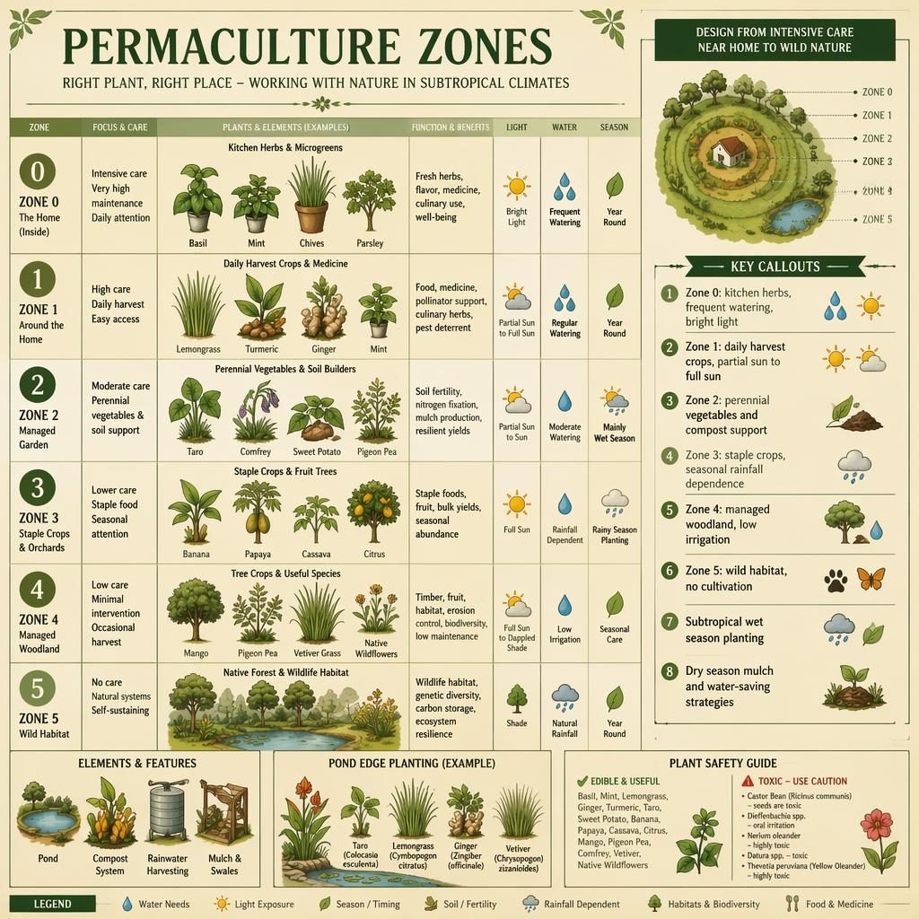 Vintage-style permaculture zones infographic grid with subtropical plants, icons, labeled callouts, and botanical illustrations.