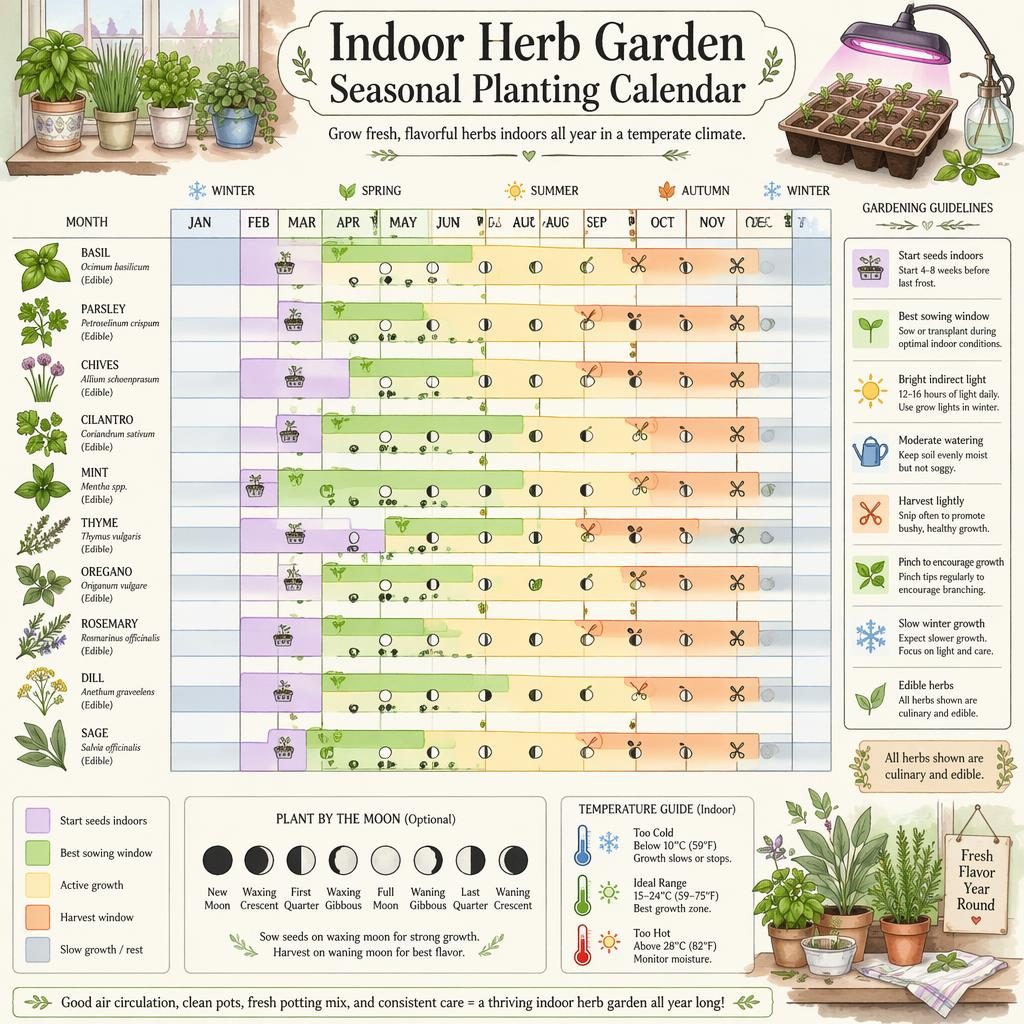 Infographie botanique pastel d’un calendrier saisonnier mensuel pour herbes d’intérieur en pots, avec icônes lune et conseils.