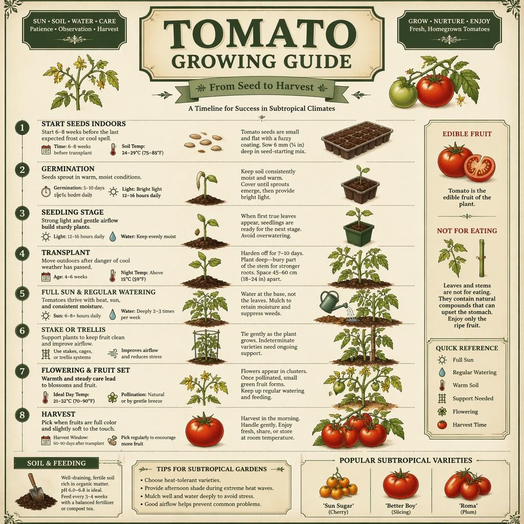 Vintage seed packet style tomato growing guide infographic with seed-to-harvest timeline, botanical panels, and care icons
