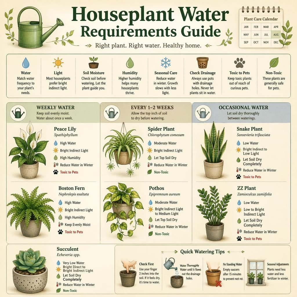 Indoor houseplant care infographic with snake plant, pothos, peace lily, spider plant, ZZ plant, fern, and succulent.
