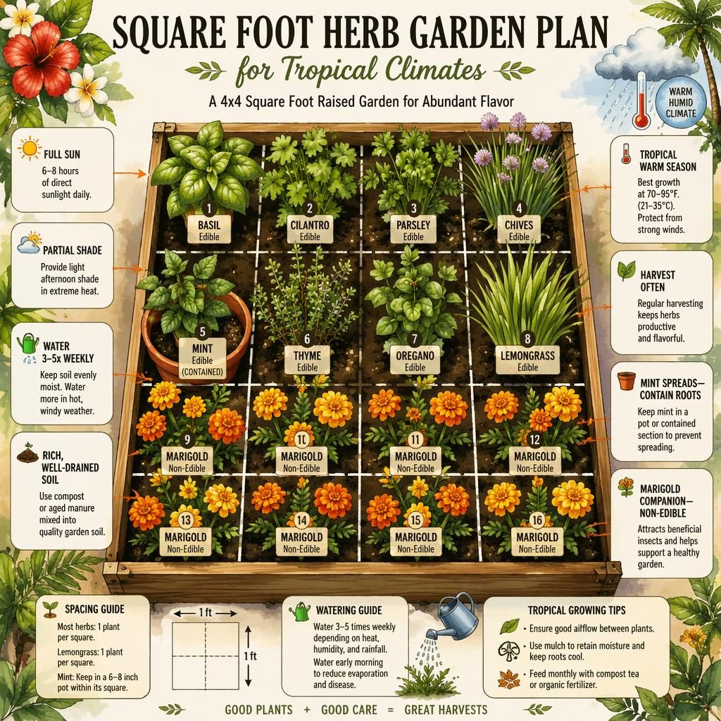 Watercolor infographic of a 4x4 tropical herb garden grid with labeled herbs, callouts, arrows, legend, and marigold.