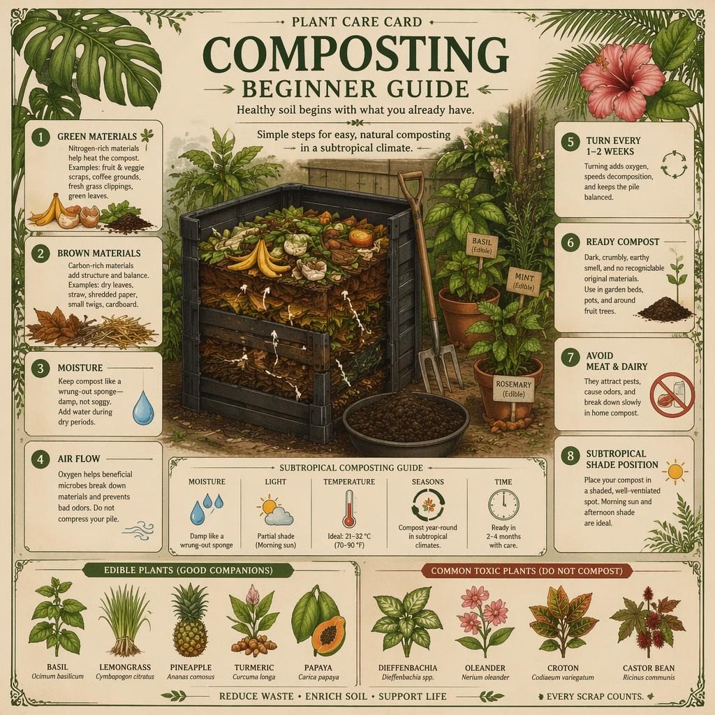 Vintage-style gardening infographic showing a subtropical compost bin with scraps, dry leaves, herbs, and labeled care callouts.