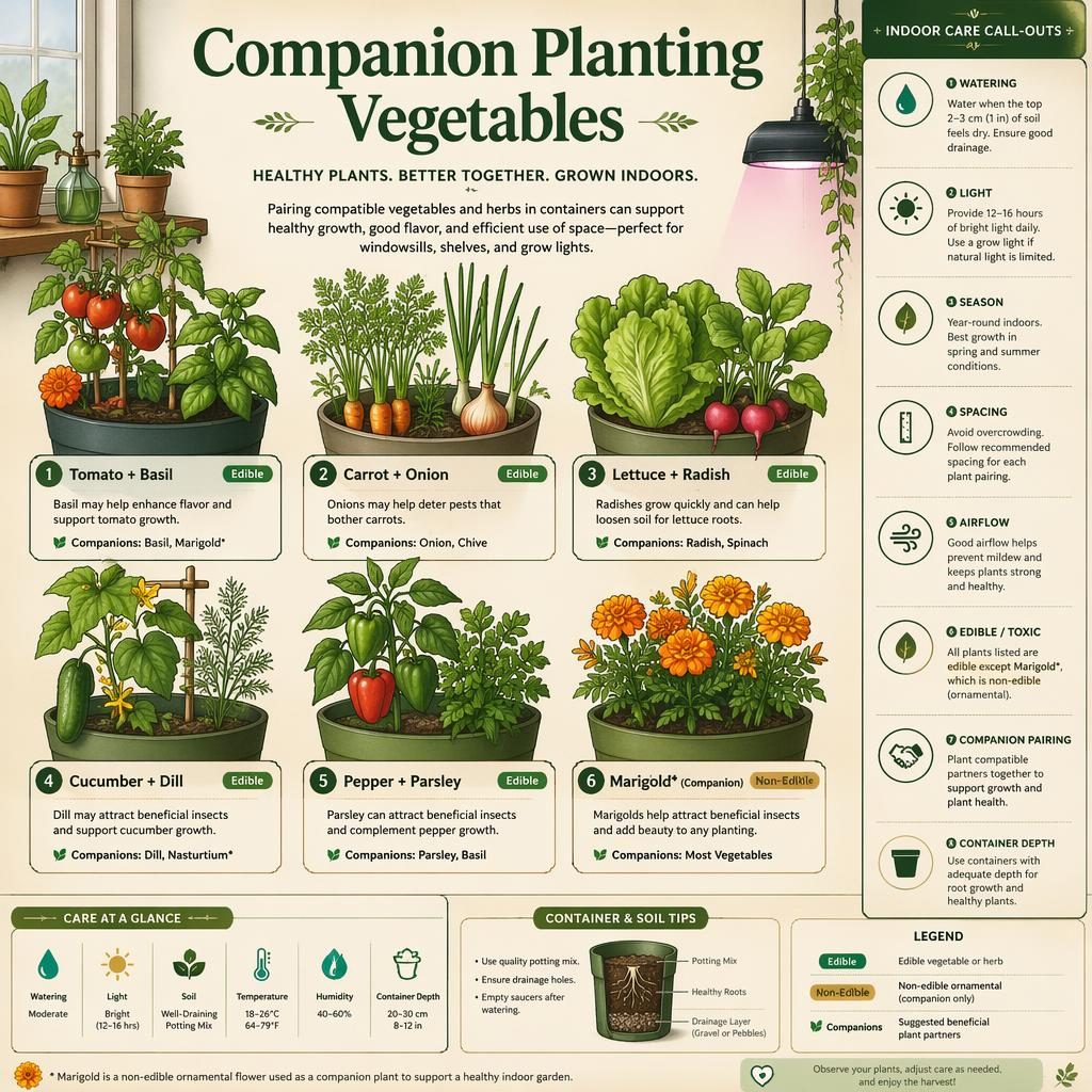 Editorial indoor companion planting vegetables infographic with labeled container crops, pairings, care icons, windowsill, and grow lights.