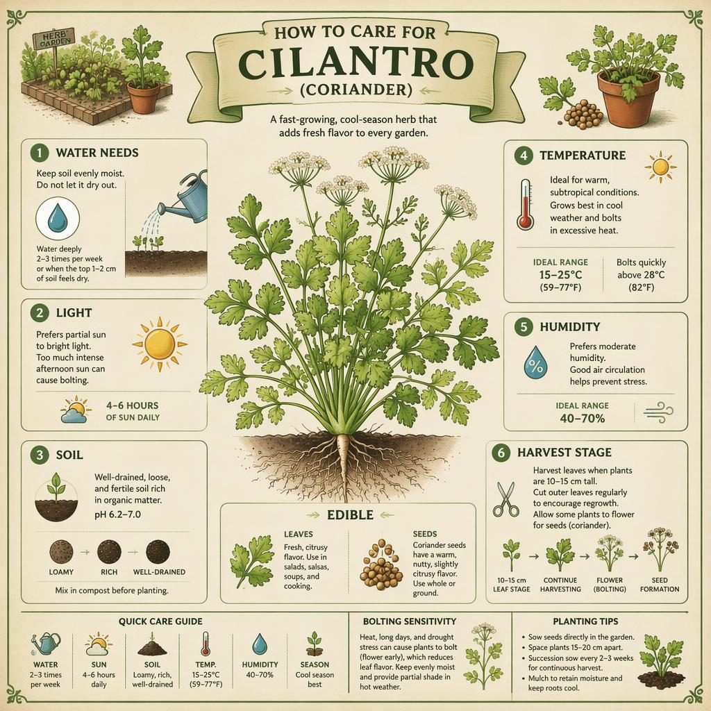 Vintage seed packet style cilantro care infographic with botanical plant illustration, roots, labels, icons, and edible leaves and seeds.