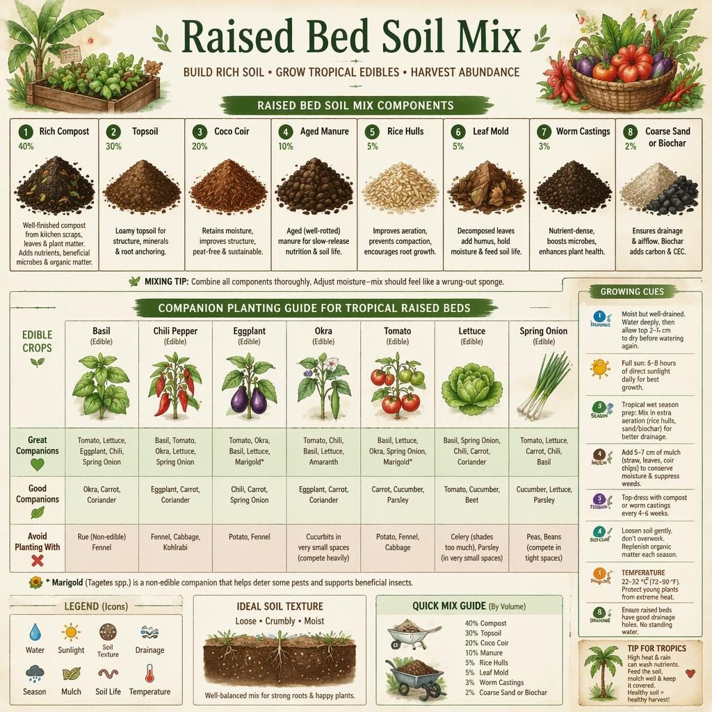 Watercolor gardening infographic grid showing raised bed soil mix components and tropical edible crop pairings with icons.