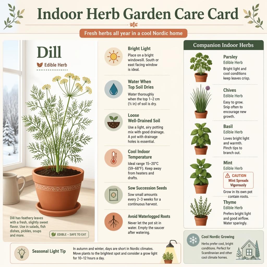 Minimal infographic care card for dill and indoor herbs with care icons, labeled callouts, Nordic windowsill scene.