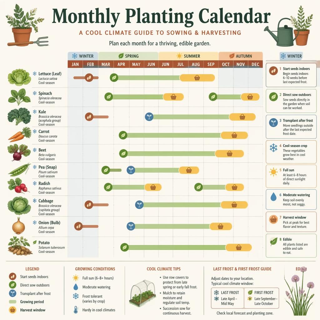Infografía de calendario mensual de siembra de verduras para clima nórdico, de enero a diciembre, con iconos de riego, sol, heladas y cosecha.