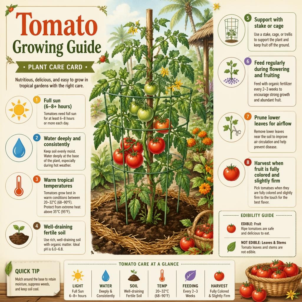 Tomato Growing Guide care card infographic with watercolor tomato plants, labeled callouts, care icons, edible fruit note.