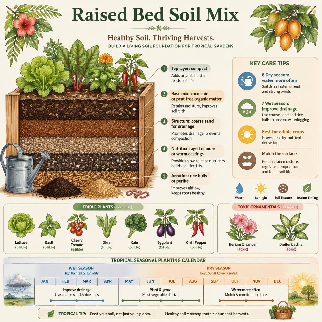 Watercolor infographic of a raised garden bed soil mix cross-section with tropical wet and dry season calendar bands.