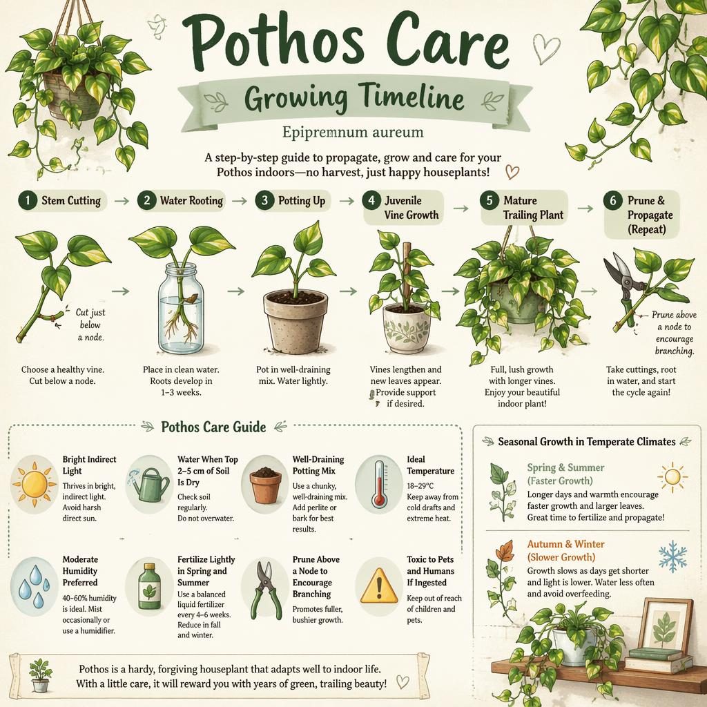 Sketchnote pastel infographic showing pothos care timeline from stem cutting to mature trailing vine with care icons