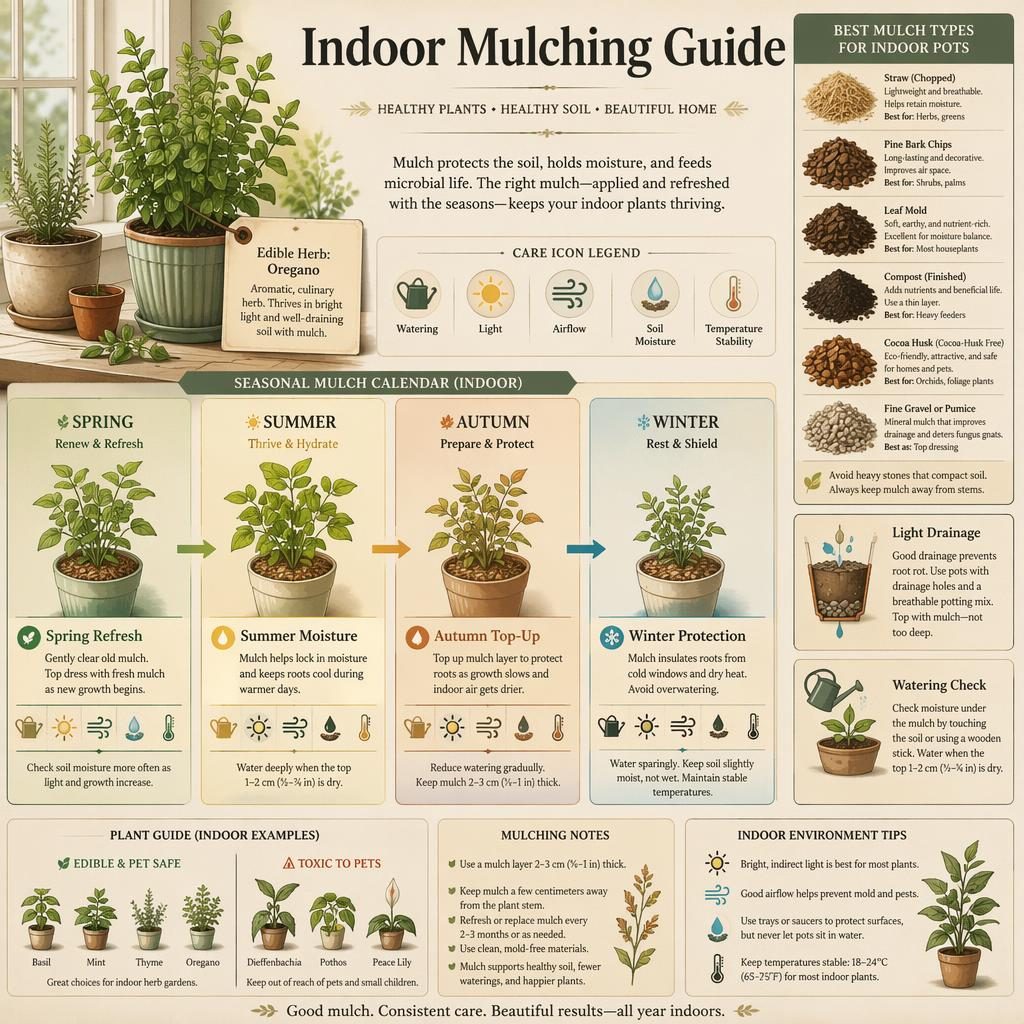 Indoor mulching guide infographic with four-season calendar, potted oregano, mulch types, icons, and labeled care callouts.
