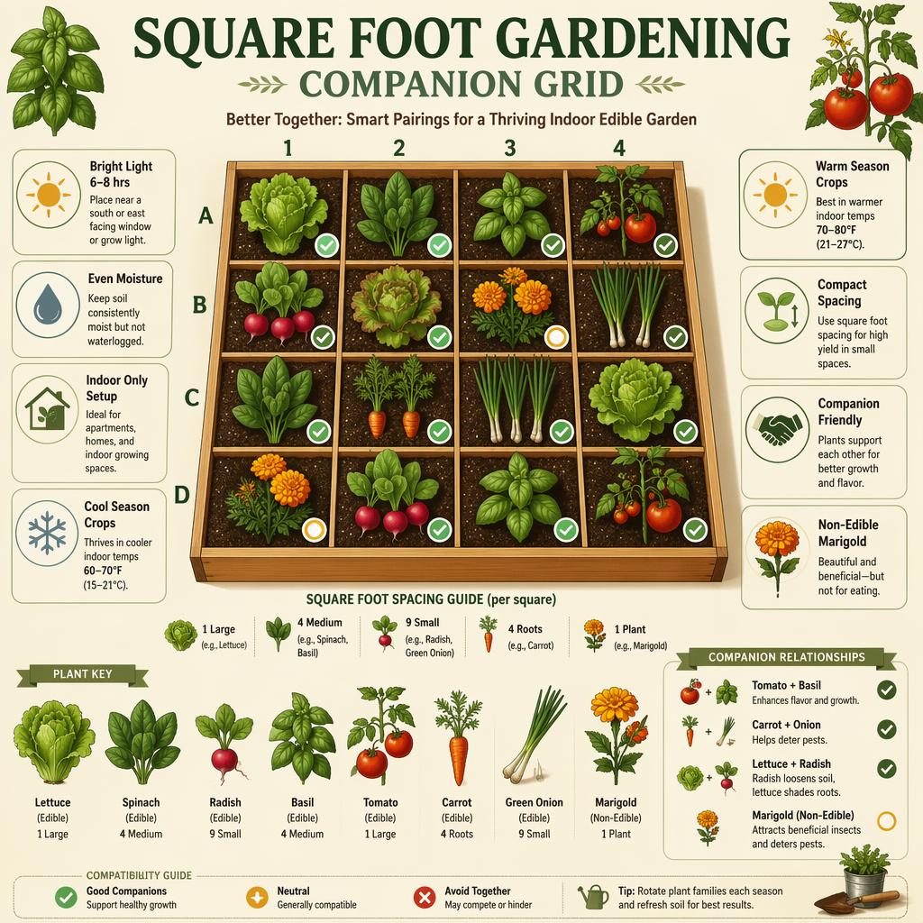Indoor square foot gardening infographic grid with lettuce, spinach, radish, basil, tomato, carrot, onion and marigold.