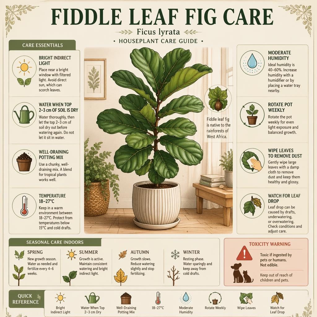 Infografía botánica de Fiddle Leaf Fig Care con Ficus lyrata central, paneles editoriales y notas de luz, riego y toxicidad.