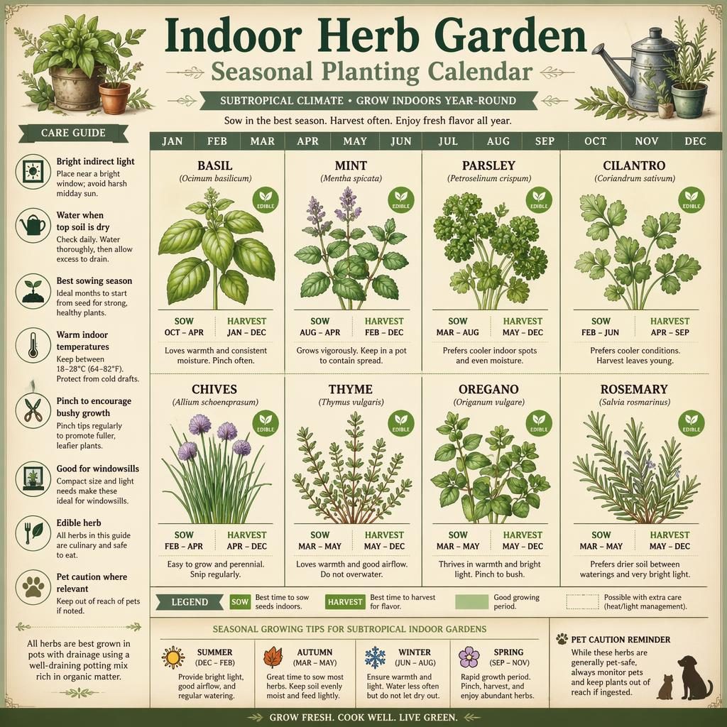 Vintage-style indoor herb garden calendar infographic with basil, mint, parsley, cilantro, chives, thyme, oregano, and rosemary