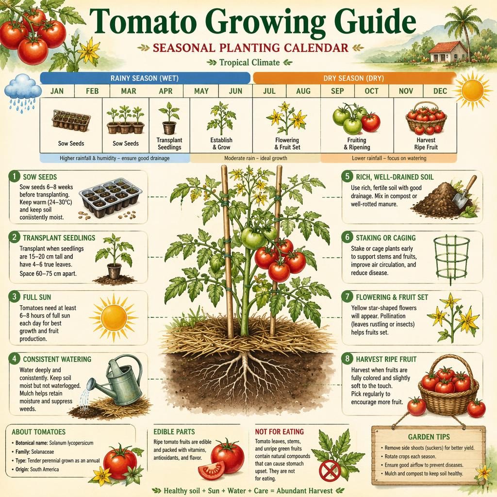 Watercolor tropical tomato growing infographic with seasonal calendar, tomato stages, care callouts, edible fruit label.