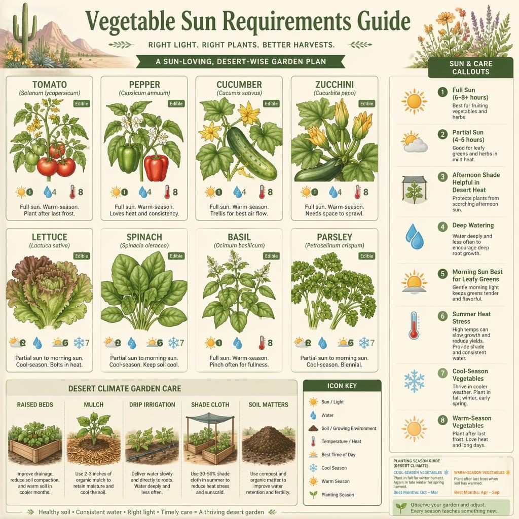 Botanical gardening infographic showing sun and watering needs for edible vegetables in a desert climate layout.
