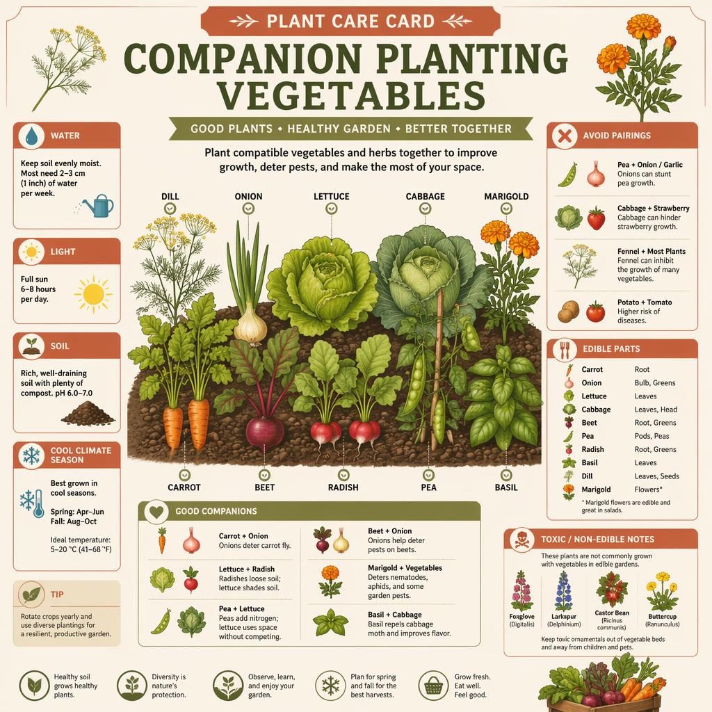 Minimal flat infographic card showing companion vegetables and herbs with labeled care callouts, icons, and pairing cues.