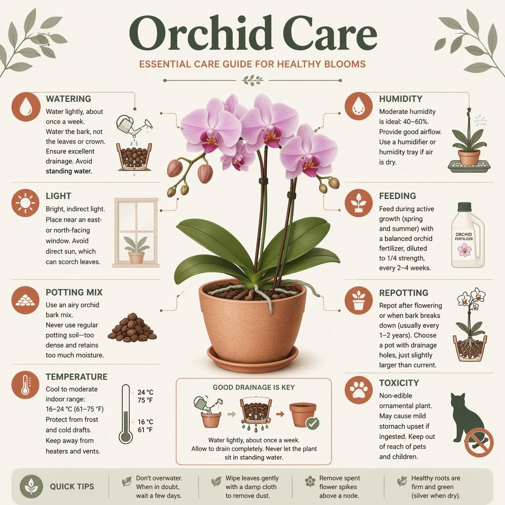 Infographie de soin des orchidées en design plat minimaliste, avec orchidée en pot et repères illustrés en anglais.