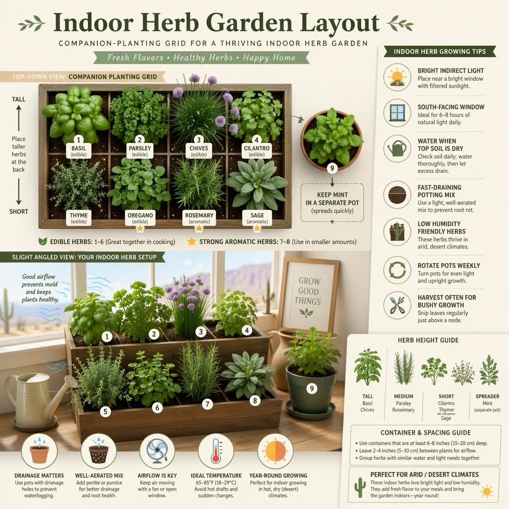 Indoor herb garden layout infographic with labeled pots of basil, parsley, mint, thyme, rosemary, sage by a bright window