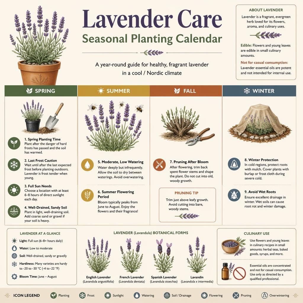 Botanical infographic of a lavender seasonal planting calendar with icons, English care callouts, and terracotta tones.
