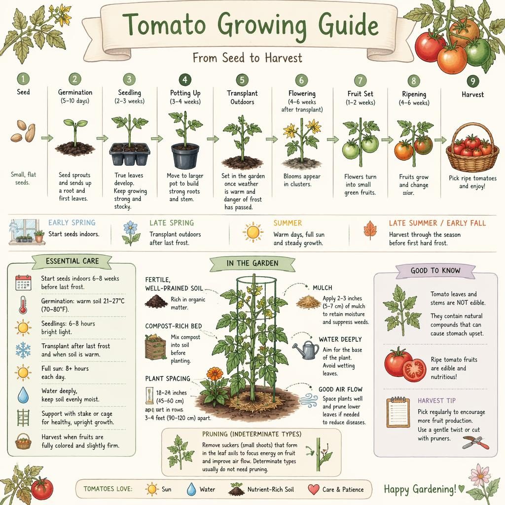 Sketchnote tomato growing guide infographic with seed-to-harvest timeline, seasonal icons, care callouts, and pastel botanical art.