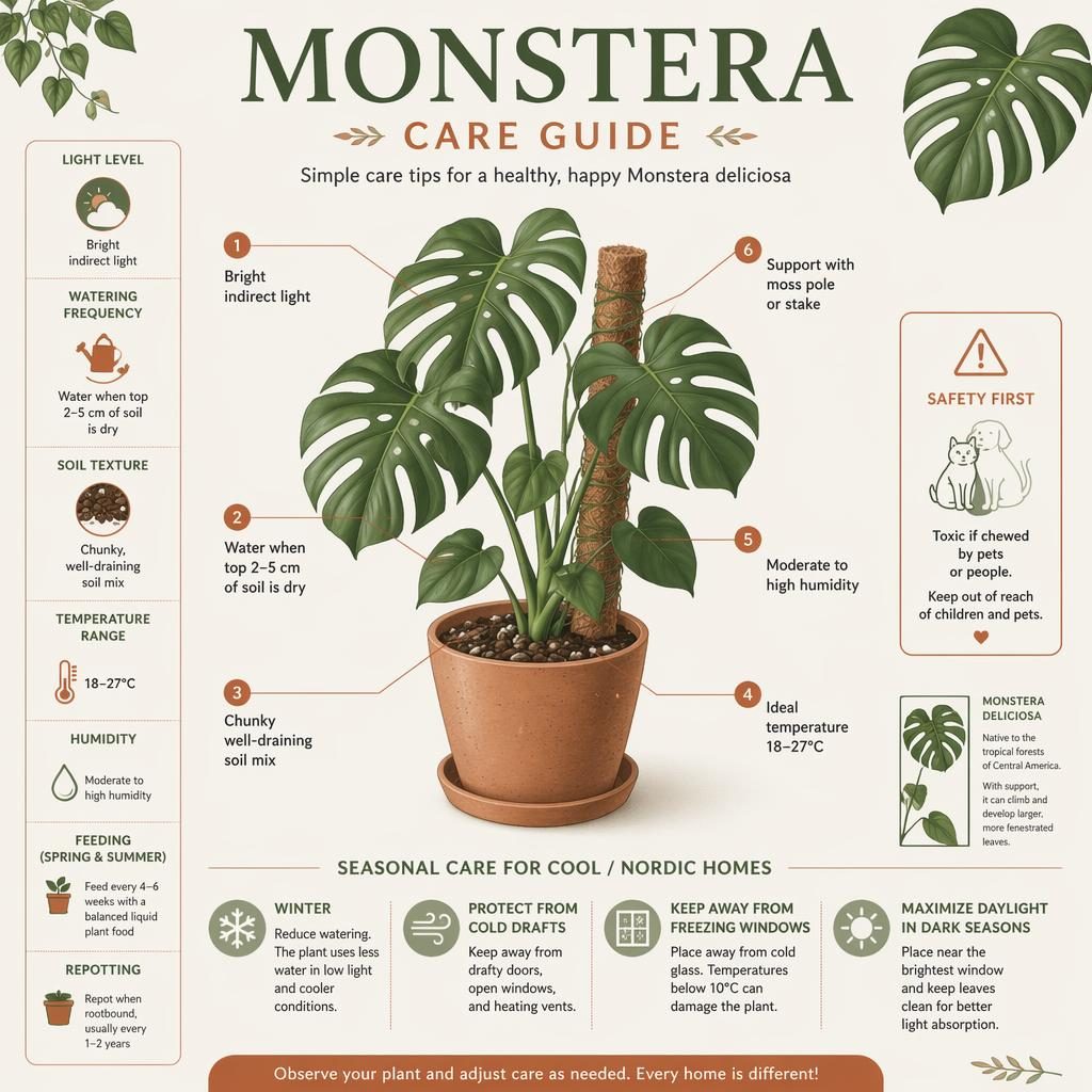 Minimal Monstera Care Guide infographic with potted monstera, 6 care callouts, icon panels, and a toxic warning.