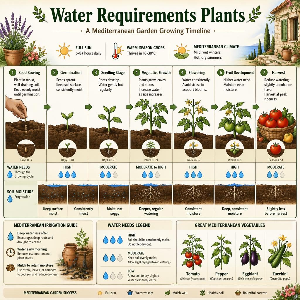 Botanical gardening infographic showing a seed-to-harvest vegetable timeline with water needs, sun icons, and Mediterranean cues.