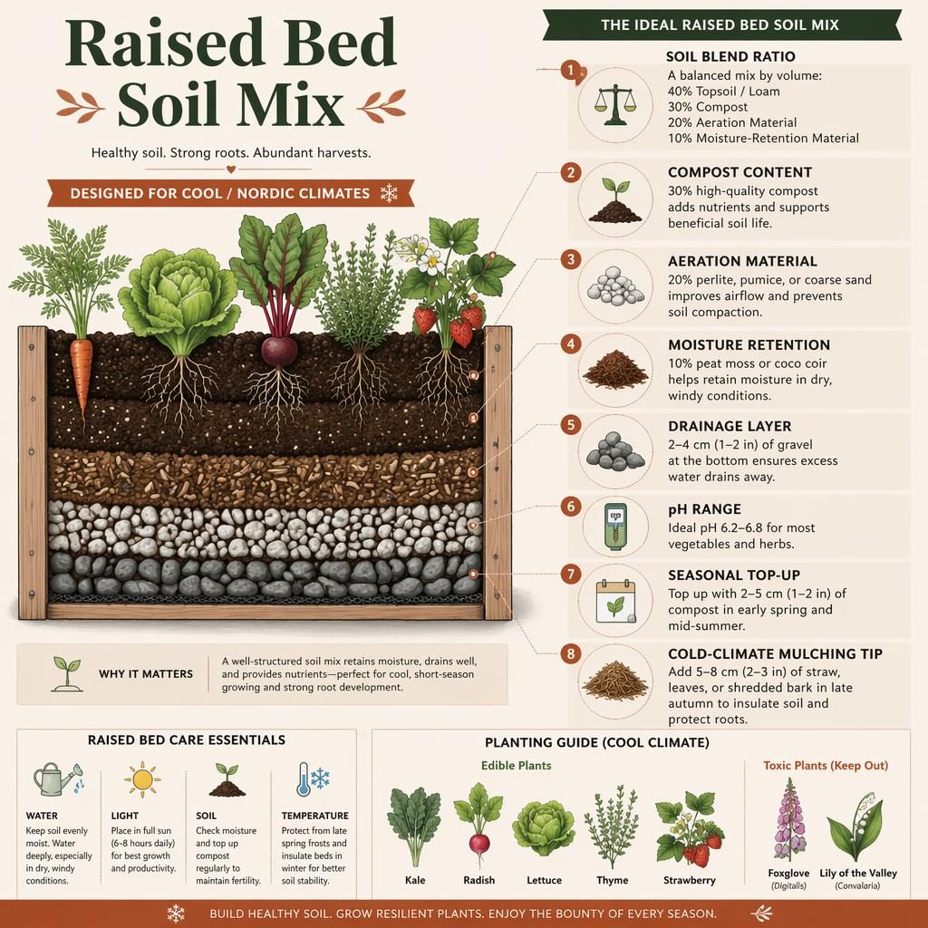 Minimal flat infographic of a raised bed soil mix cross-section with labeled layers, care icons, and botanical plants.