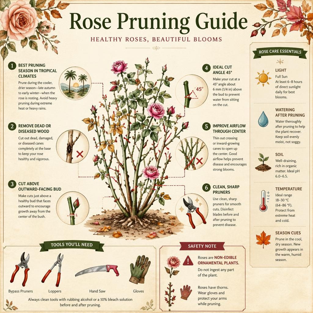 Botanical rose pruning care card infographic with labeled cuts, pruning stages, tools, icons, and autumn watercolor style