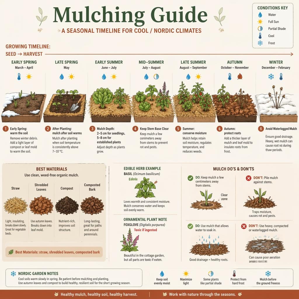 Flat gardening infographic shows a nordic seasonal mulch timeline, garden beds, mulch types, icons, and edible basil labels.