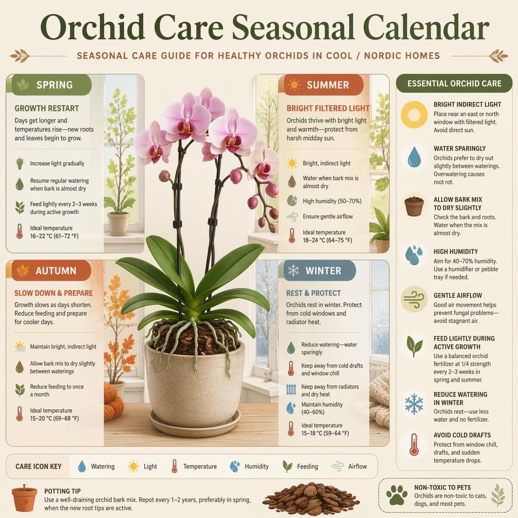 Minimal flat infographic with four seasonal orchid care panels, potted orchid, English callouts, and terracotta icons.