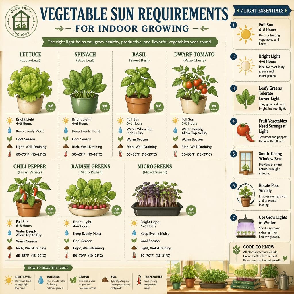 Indoor gardening infographic comparing sun needs for lettuce, spinach, basil, dwarf tomato, chili pepper, radish greens, and microgreens.