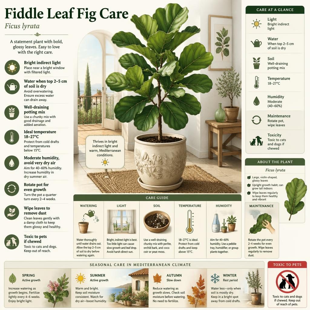 Infographie botanique du Ficus lyrata en pot avec panneaux de soins, icônes, callouts en anglais et ambiance méditerranéenne.
