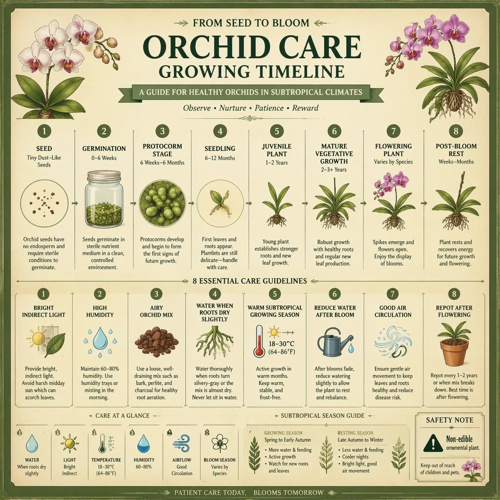 Vintage-style orchid care timeline infographic with life stages, care callouts, icons, and a non-edible ornamental note.