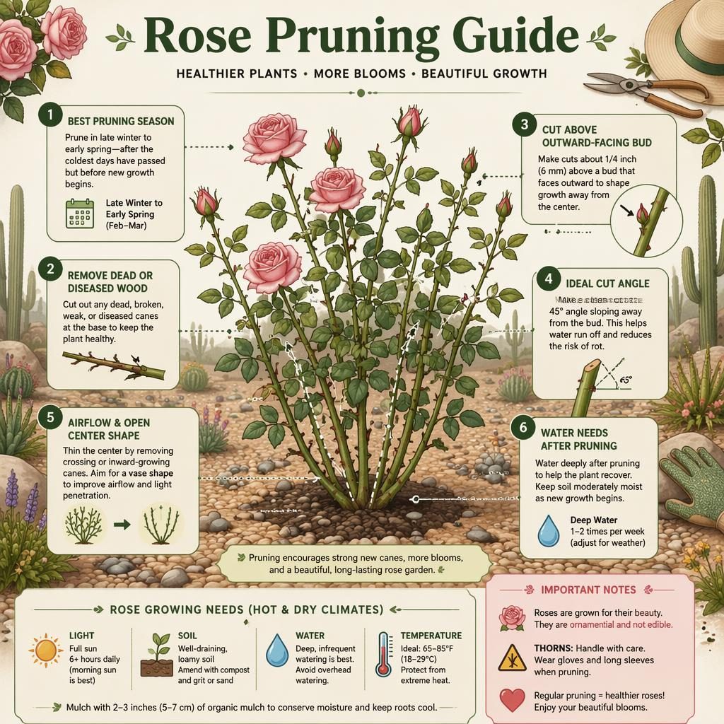 Botanical rose pruning infographic with central bush, 6 English callouts, and care icons for water, light, soil, temperature.