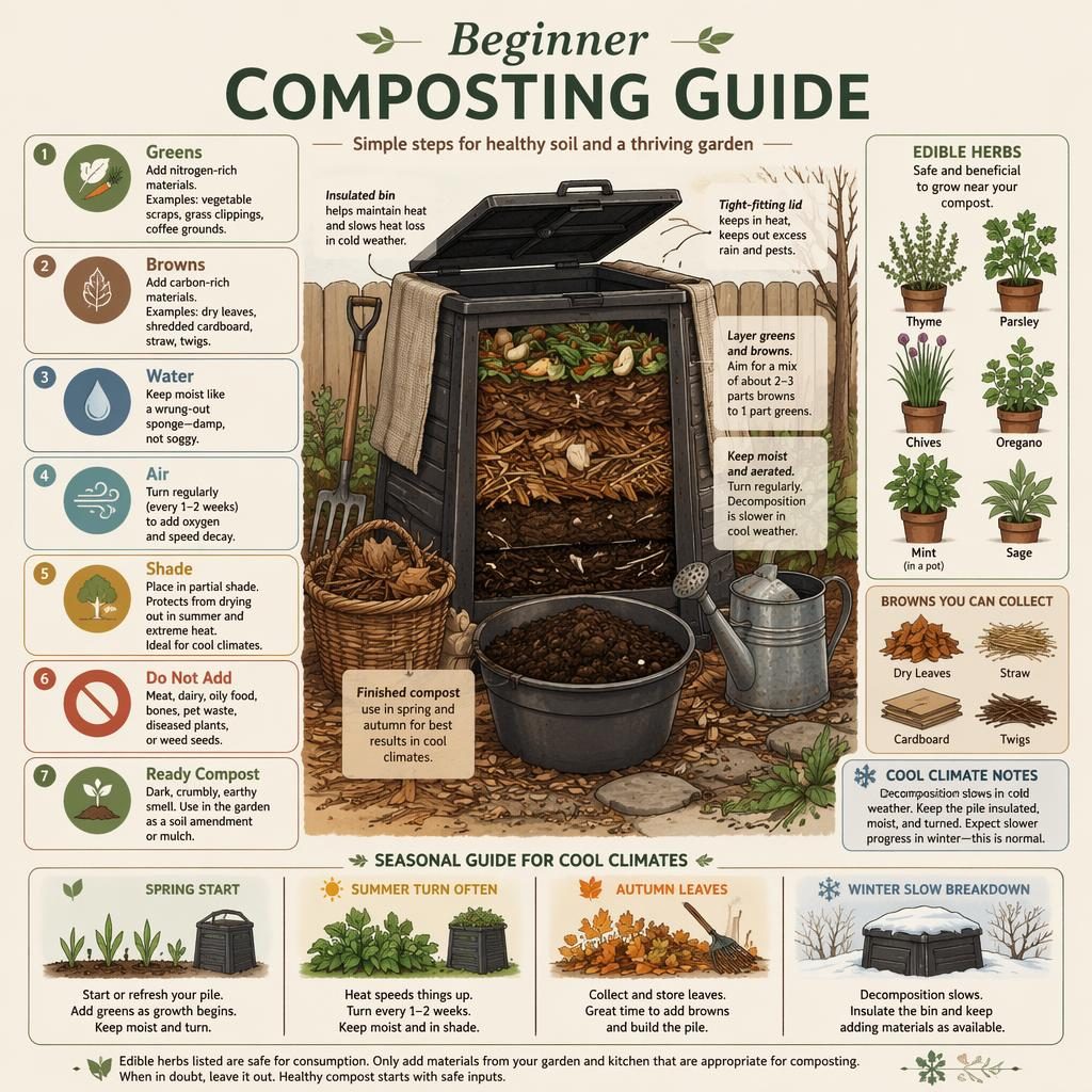 Infographie minimaliste sur le compostage débutant avec bac isolé, couches vertes et brunes, compost mûr et herbes comestibles.
