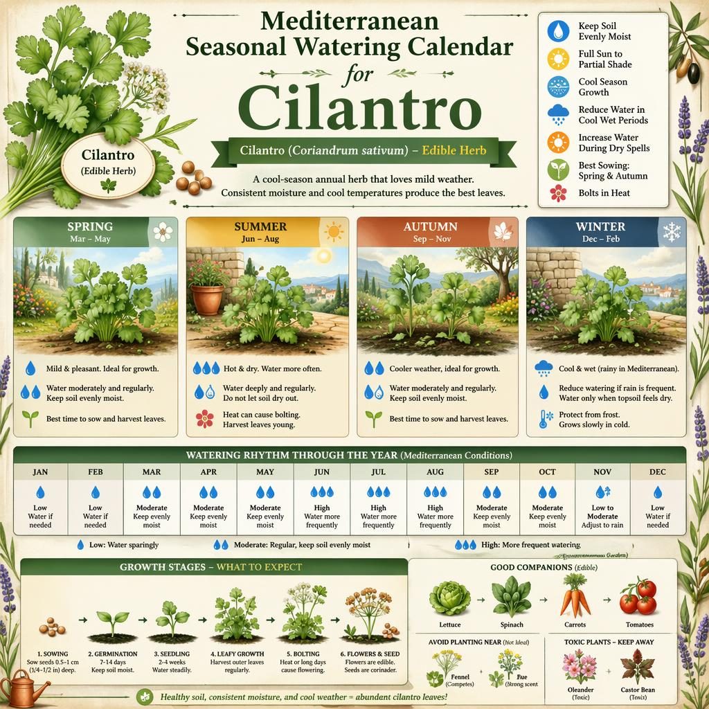 Mediterranean seasonal watering calendar infographic for cilantro with spring, summer, autumn and winter panels and care icons.