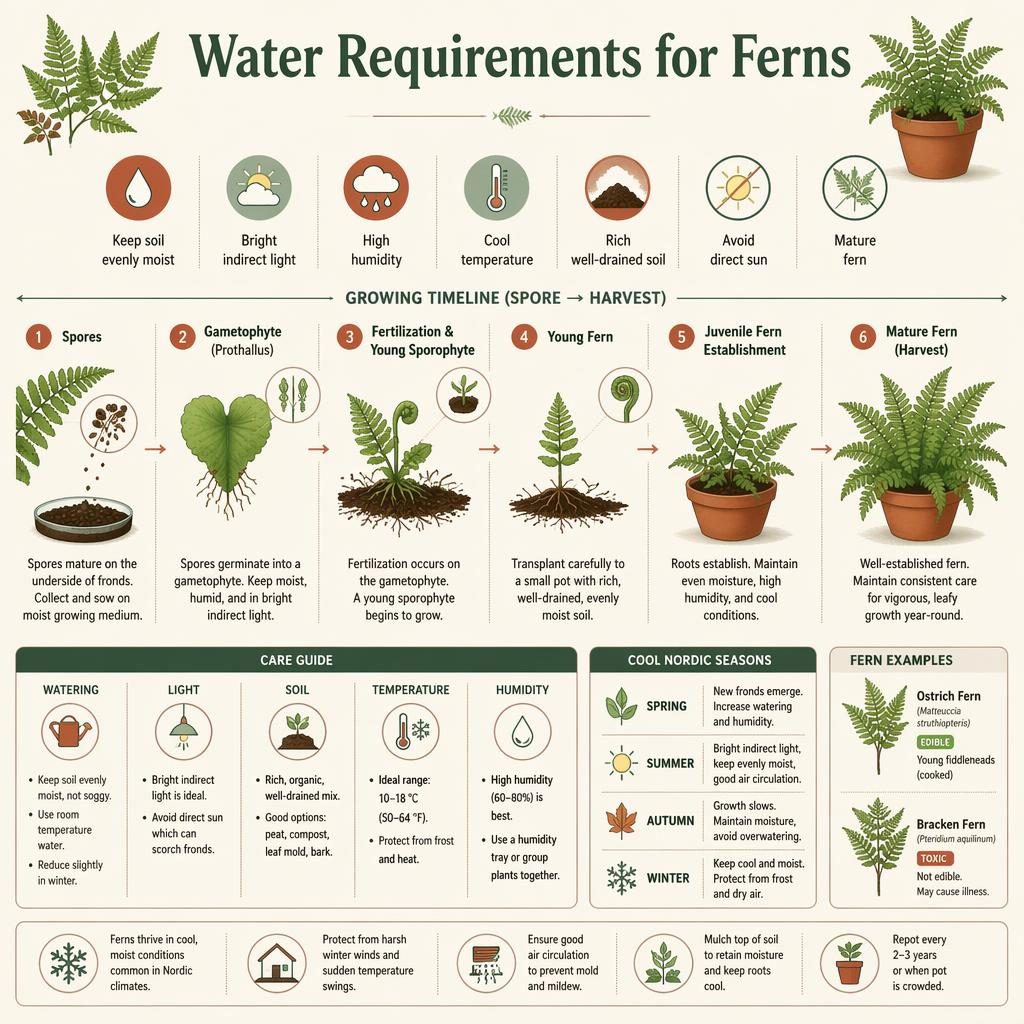 Minimal fern care infographic showing spores to mature fern stages with watering, light, soil, humidity, and temperature icons.