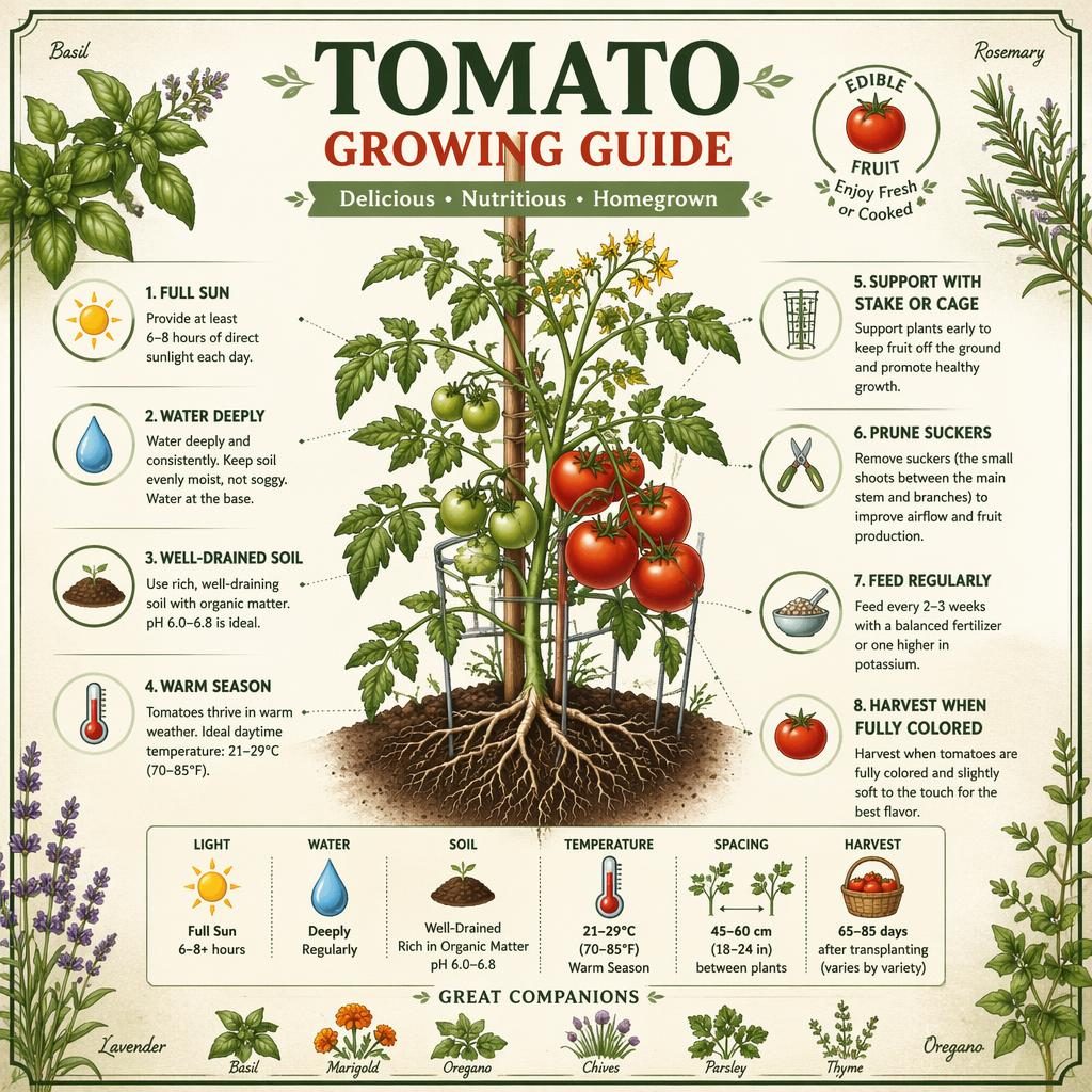 Tomato Growing Guide care card infographic with illustrated tomato plant, roots, flowers, red fruit, care icons, and labels.